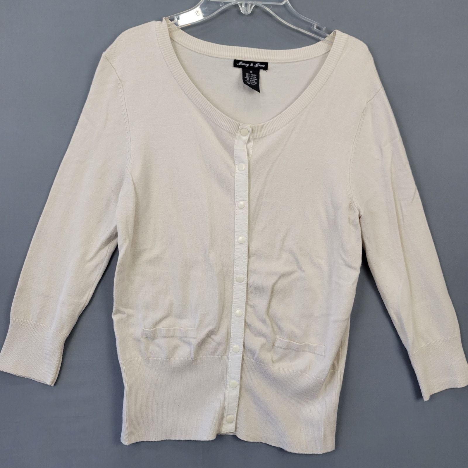 Audrey Grace Tan Cardigan Lightweight Knit Sweater Snap Up Long Sleeves Womens S